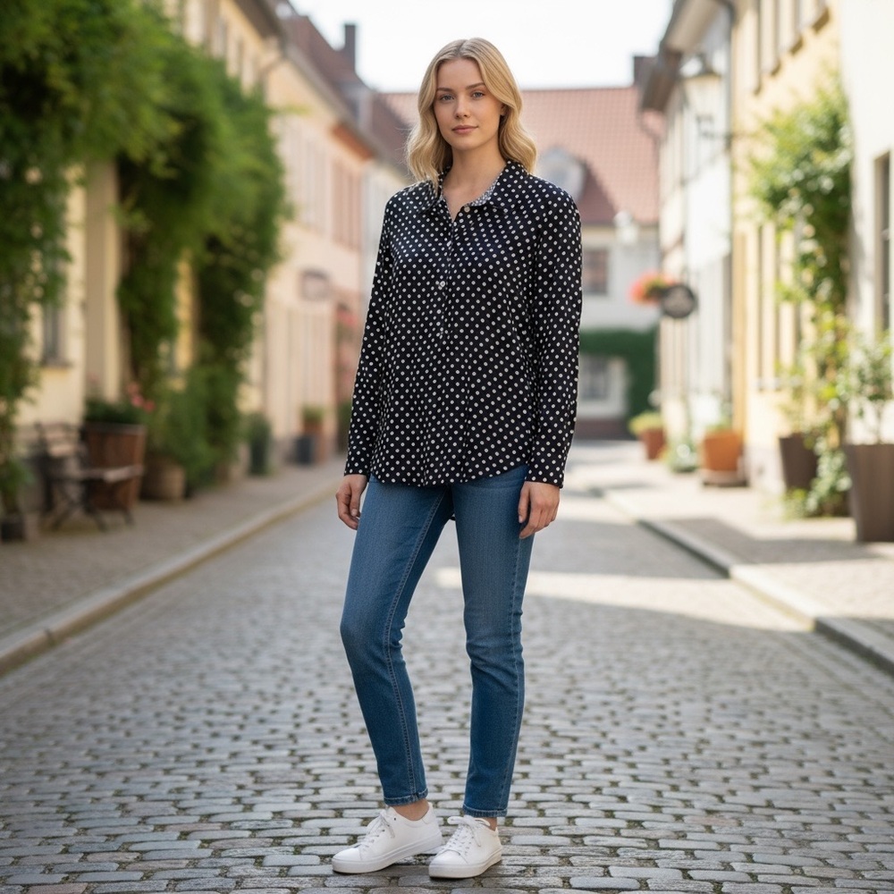 Navy Polka Dot Blouse with Sheer‎ Back Inset - Picture 4 of 10